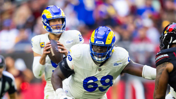 Nov 26, 2023; Glendale, Arizona, USA; Los Angeles Rams guard Kevin Dotson (69) against the Arizona Cardinals at State Farm Stadium. Mandatory Credit: Mark J. Rebilas-USA TODAY Sports